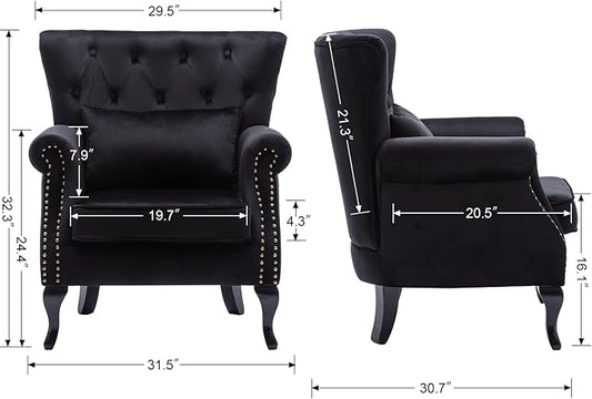Mid Century Modern Accent Chair Upholstered Armchair Comfy Velvet Fabric Single Sofa with Tufted Wingback for Small Spaces Bedroom Living Room, Black