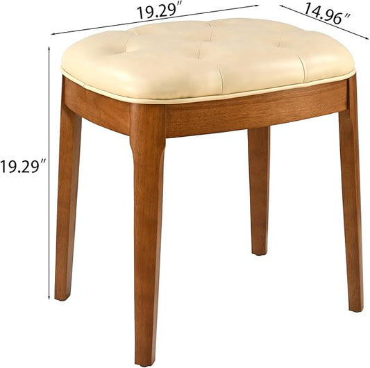 MODERION Vanity Bench with Upholstered, Modern Luxury Wood Stool ,Ottoman Shoe Bench for Living Room, Vanity, Entryway, 19.3"L x 14.9"W x 19.3"H Easy Assembly, Beeswax Leg & Cream Beige Seat FD-HNY-BG