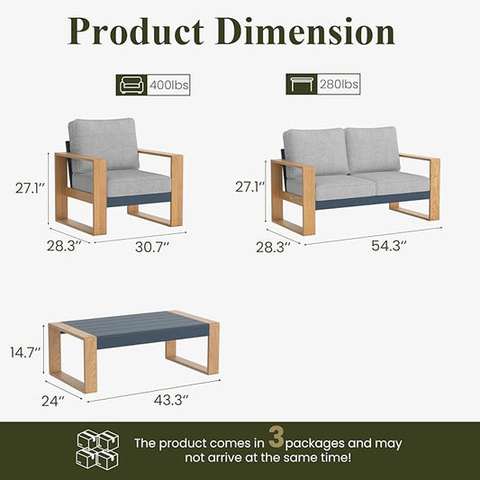 LayinSun 4 Pieces Aluminum Patio Furniture Set with Coffee Table, Oversized Seat with Hight Back, Outdoor Conversation Sets for Porch, Balcony, Deck