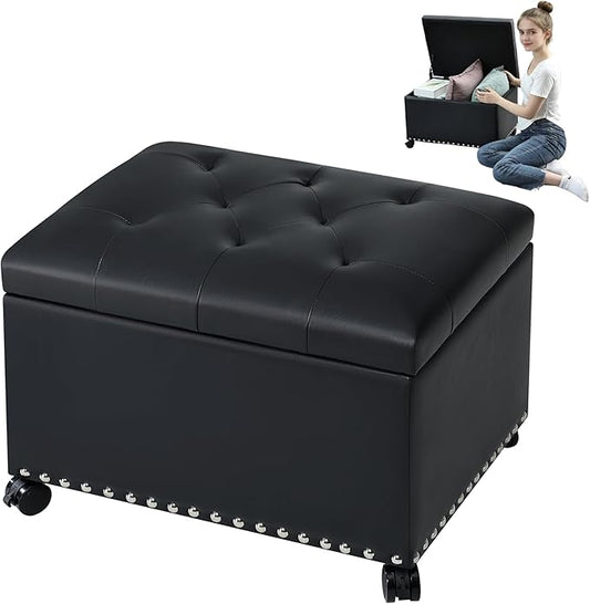 Leather Storage Ottoman Bench with 360° Caster Wheels, 24" Black Rectangle Rolling Ottoman with Storage, Foot Rest Bench Rectangle Ottomans Stool for Living Room Bedroom