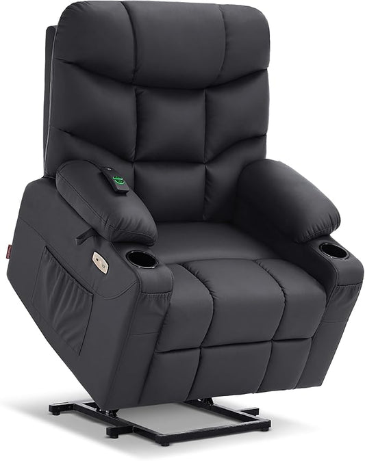 MCombo Power Lift Recliner Chair with Extended Footrest for Elderly People, Faux Leather 7287 (Black, Medium)