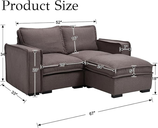 EALSON 67" Sectional Couch Modern Love Seat with Ottoman Modular Cloud Sofa with Deep Seat Comfy Linen Loveseat Sofa Convertible L Shaped Couches 2 Seater Couch for Living Room/Bedroom, Grey