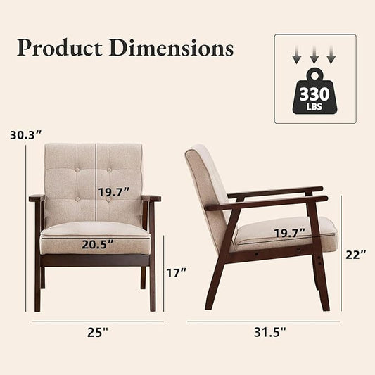 Bonzy Home Fabric Mid-Century Modern Accent Chair Set of 2, Upholstered Armchair with Solid Wood Frame, Reading Chair for Living Room, Bedroom