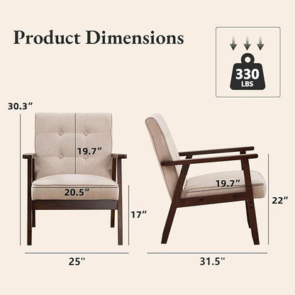 Bonzy Home Mid-Century Modern Accent Chair, Upholstered Fabric Armchair with Solid Wood Frame, Comfy Retro Leisure Chair Reading Chair for Living Room, Bedroom