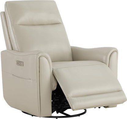 Watson & Whitely Genuine Leather Power Recliner Chairs for Adults, Swivel Glider Recliner Chair for Living Room with Charging Ports, Light Grey