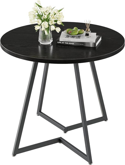 VECELO Round Dining Room Table with Wood Grain Tabletop and Steel Frame, for Kitchen, Living Room, Office, Conference, 2 to 4 Person, Black