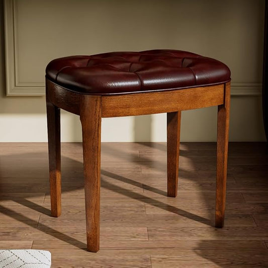 MODERION Vanity Stool Bench with Upholstered, Modern Luxury Wood Stool ,Ottoman Shoe Bench for Living Room, Vanity, Entryway, 19.3"L x 14.9"W x 19.3"H Easy Assembly, Beeswax Leg & Wine Red FD-HNY-WR