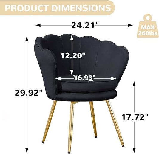 Velvet Vanity Chair with Back, Mid-Century Modern Small Accent Chair for Living Room, Golden Metal Legs Upholstered Makeup Chair, 1Pcs Bedroom Armchair, Black