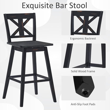 COSTWAY Bar Stools Set of 2, 360 Degree Swivel, 29-inch Height Chairs w/Non-Slip Foot Pads, Rubber Wood Bar Chairs, Vintage Bar Stools for Home, Restaurant (Black)