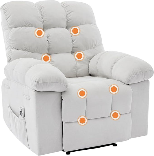Recliner Rocking Chair with Massage and Heat, Wide Overstuffed Ergonomic Fabric Recliner with Breathable Upholstery, 2 Side Pockets & Remote Control for Living Room or Bedroom