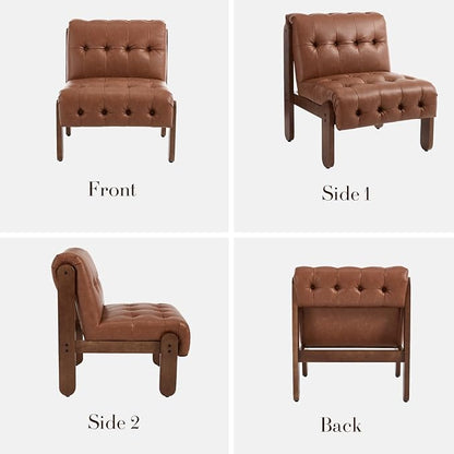 HEAH-YO Accent Chair Set of 2,Modern Vintage Living Room Chair for Bedroom with Button Tufted Back and Wood Legs,Upholstered Comfy Reading Chair for Makeup Vanity Cafe,PU Brown