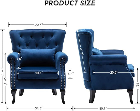 Accent Reading Arm Chairs for Living Room Bedroom, Midcentury Modern Comfy Corner Sofa Chair, Wingback Waiting Room Club Chair with Button Tufted Back &Lumbar Pillow, Velvet Blue