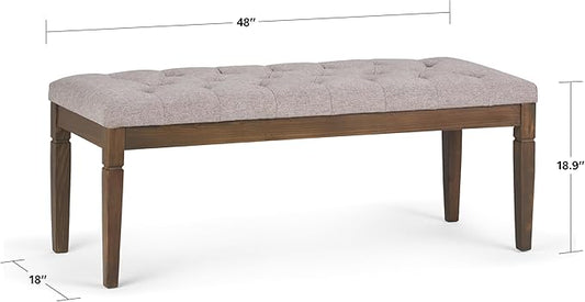 SIMPLIHOME Waverly 48 inch Wide Traditional Rectangle Tufted Ottoman Bench in Cloud Grey Linen Look Fabric, Assembled, For the Living Room and Bedroom