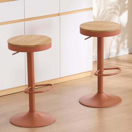 Kidol & Shellder Bar Stools Set of 2 Round Adjustable Swivel Barstools Modern Backless Bar Chairs Wooden Seat Counter Height Stools Armless for Kitchen Island, Cafe, Dining Room Terracotta