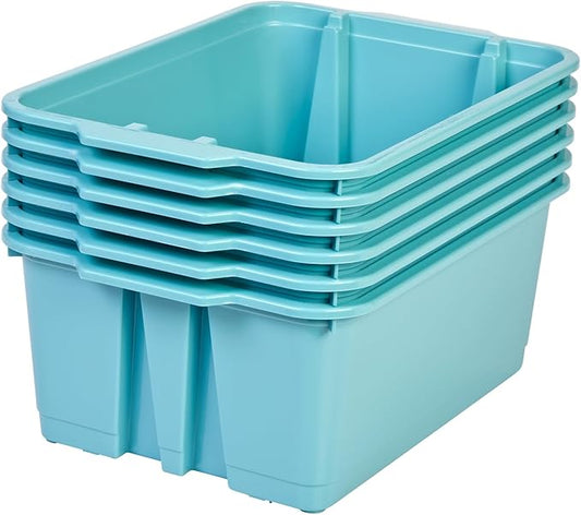 Really Good Stuff Stacking Bins, 14" x 10" x 5 .75" - 6 Pack, Water, Stackable Storage Plastic Bins for Classroom Organization, Home Storage, Office & Hospital Supplies
