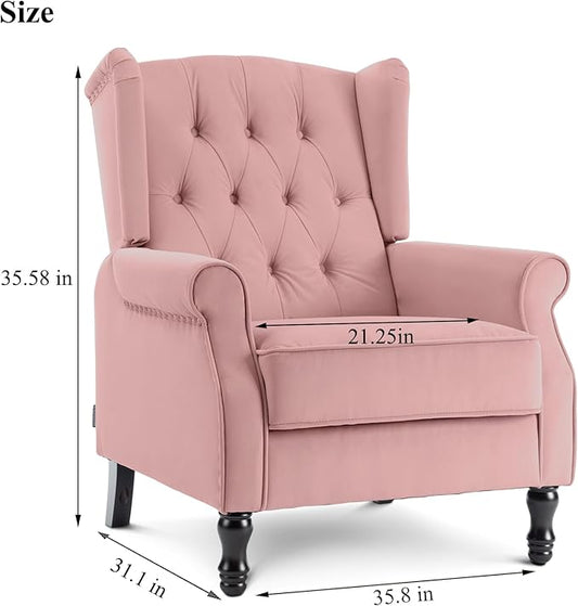 Artechworks Winged Fabric Modern Accent Chair Tufted Arm Club Chair Linen Single Sofa with Wooden Legs Comfy Upholstered for Reading Living Room Bedroom Office, Pink