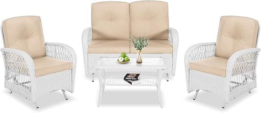 VIVIJASON 4-Piece Outdoor Patio White Wicker Conversation Sets, All Weather Rattan Furniture Set Includes Glider Loveseat, Coffee Table, 2 Glider Rocker Chairs w/Cushion for Lawn Balcony, Beige