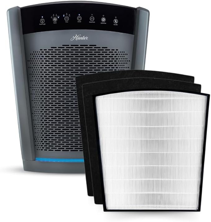 Hunter HP850 Air Purifiers for Home Large Room and Bedroom. True HEPA Air Purifier for Pets, Odors, Allergens, Smoke, Dust. UV Value Bundle w/Extra Filter, Cleans 2585 Ft² per hour. Graphite