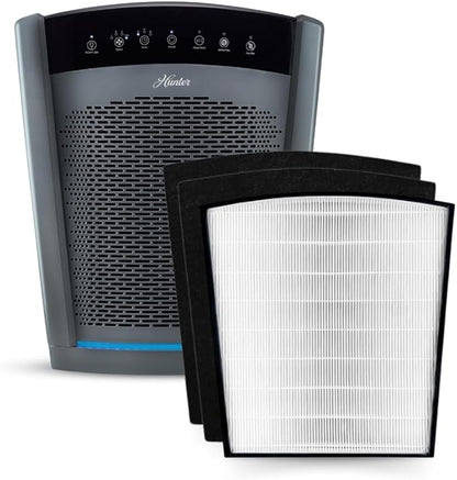 Hunter HP850 Air Purifiers for Home Large Room and Bedroom. True HEPA Air Purifier for Pets, Odors, Allergens, Smoke, Dust. UV Value Bundle w/Extra Filter, Cleans 2585 Ft² per hour. Graphite