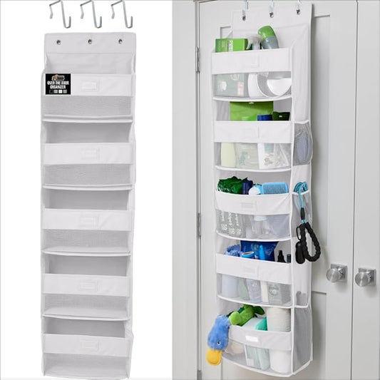 GORILLA GRIP Over The Door Organizer Storage, 5 Deep Hanging Shelves, Holds 50lbs, Closet Organizers Shelf for Bedroom, Bathroom, Nursery, Dorm Essentials, 3 Metal Hooks, 58x15 Inches, White
