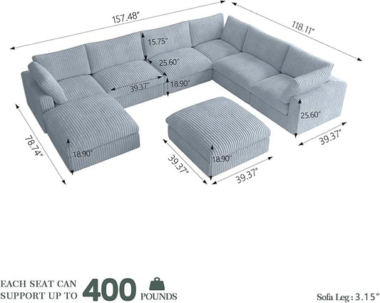 Cloud Modular Sectional Sofa, 8 Seater Oversized Sectional Couch, 157.4" U-Shaped Convertible Couches with 2 Ottomans, Deep Couches for Living Room, Washable & Replaceable Covers, Gray