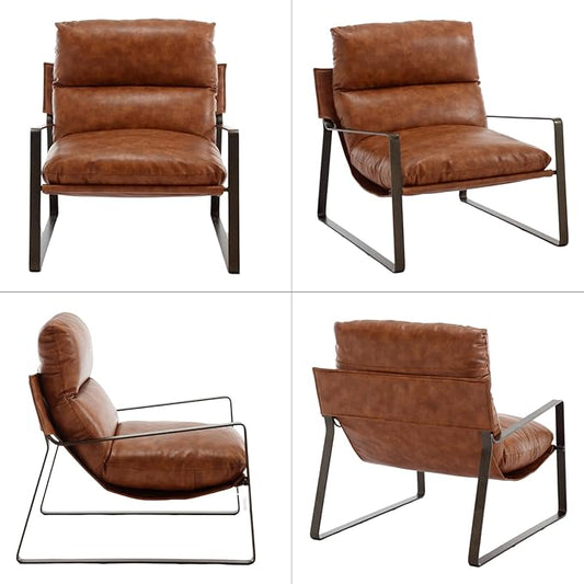 Mid-Century Accent Chair Set of 2, Comfy PU Leather Side Chair with Armrest, Upholstered Leisure Chair with Bronze Metal Frame for Living Room Reception Room, Brown