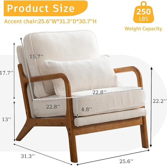 Mid-Century Accent Chair,Sherpa Fabric Lounge Chair with Wide Armrest,Sherpa Fabric Armchair with Lumbar Pillow & Solid Wood Frame for Living Room, Bedroom, Balcony(White)