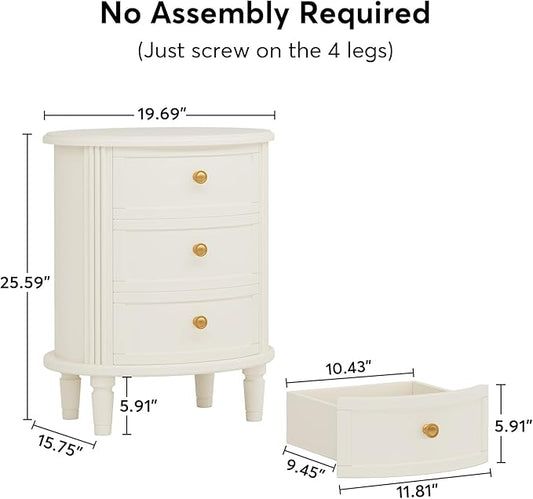 Tribesigns Nightstand with 3 Drawers, Set of 2, Oval Bed Side Table for Bedroom, Fully Assembled, Wooden Side End Table with Solid Wood Legs for Living Room, Beige White
