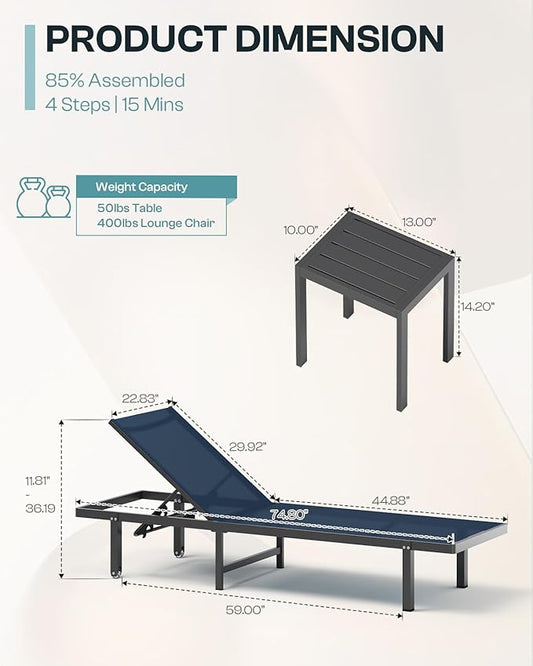 Pool Lounge Chairs Set of 2，Outdoor Lounge Chairs with Wheels and 5-Position Recliner -Easy to Move- Aluminum Patio Lounge Chair for Poolside, Deck (Navyblue)