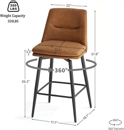 Brown Counter Height Bar Stools Set of 3, 26 Inch Seat Height with Back and Metal Legs, 360° Swivel Upholstered Faux Leather Swivel Bar Stools