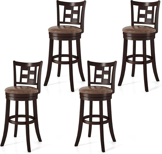 COSTWAY Set of 4 Bar Stools, 30” Swivel Bar Chairs with Footrest, Rubber Wood Frame & Lattice Backrest, Leathaire Bar Height Stools for Kitchen Island (4, 30”)