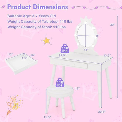 Costzon Kids Vanity, Girls Vanity Set with Mirror and Stool and Lights, Drawer, 2 in 1 Wooden Toddler Makeup Vanity Desk Dressing Table, Kids Vanity Table and Chair Set (White)