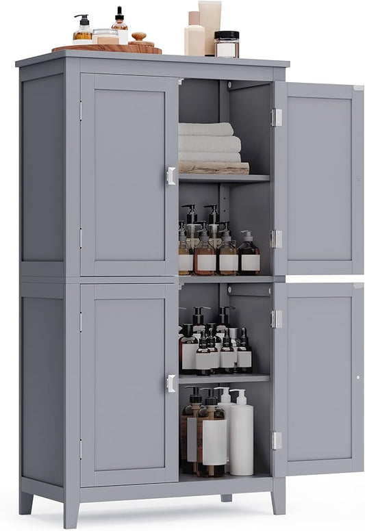 VASAGLE Floor Storage Cabinet, Freestanding Storage Unit with 4 Doors, Adjustable Shelves, 11.8 x 23.6 x 43.3 Inches, for Entryway, Bathroom, Dove Gray UBBC552P36
