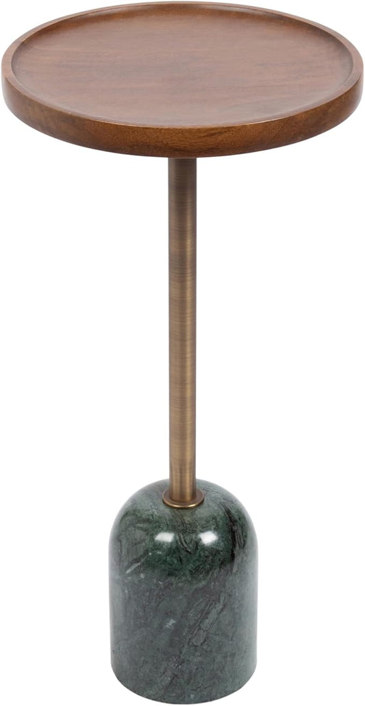 Kate and Laurel Shorrock Round Mango Wood Side Table, 12 x 12 x 24, Walnut Brown, Brass, and Green Marble, Modern Pedestal End Table with Marble Base for Bedroom Nightstand or Living Room Plant Stand