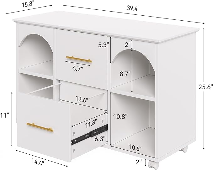 LITTLE TREE 2 Drawer Rolling File Cabinet for Home Office, 39-Inch Lateral Filing Storage Cabinet on Wheels Fits A4/Legal/Letter Size, Printer Stand with Shelves, White