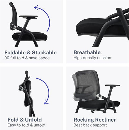 10 Pack Foldable Office Chairs with Wheels, Mesh Back, Arms and Portable - Folding Office Chairs Stackable for Conference Room Chair, Office Guest & Reception & Meeting Chair - (Black) 300 lbs.