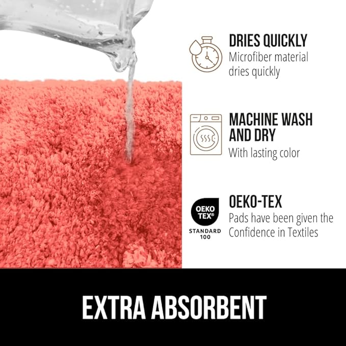 GORILLA GRIP Bathroom Rugs, 30x20, Ultra Soft Absorbent Mat, Thick Plush Bath Rug, Machine Washable, Microfiber Quick Dry, Mats for Shower, Bathtub and Floor, Home Decor Accessories, Coral