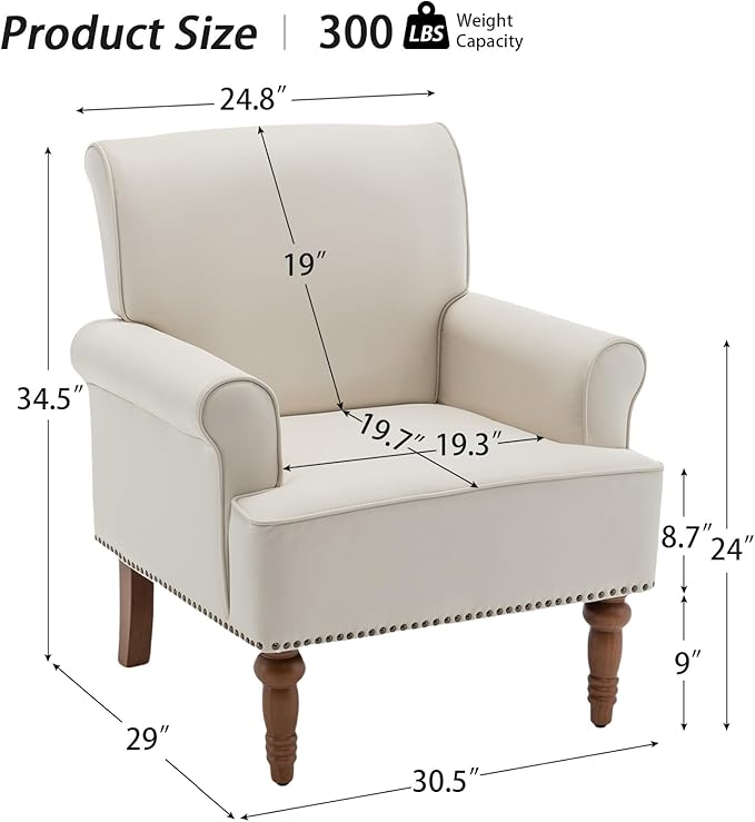 HOMEFLEX Accent Chair, Faux Leather Living Room Chairs with Nailhead Trim, Mid-Century Lounge Armchair with Solid Wood Legs, Comfy Reading Single Sofa for Bedroom, Waiting Room (White, 2 Chairs)