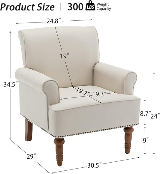 HOMEFLEX Accent Chair, Faux Leather Living Room Chairs with Nailhead Trim, Mid-Century Lounge Armchair with Solid Wood Legs, Comfy Reading Single Sofa for Bedroom, Waiting Room (White, 2 Chairs)