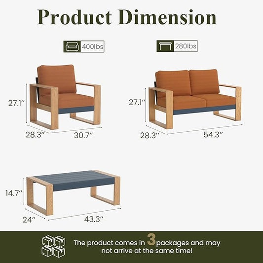 LayinSun 4 Pieces Aluminum Patio Furniture Set with Coffee Table, Oversized Seat with Hight Back, Outdoor Conversation Sets for Porch, Balcony, Deck
