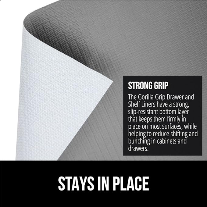 GORILLA GRIP Slip Resistant Drawer and Shelf Liner 2 Pack, Non Adhesive Water Resistant, Easy Clean and Trim, Smooth Surface Liners for Kitchen Cabinet, Shelves, Drawers, Pantry, 17.5 IN x 20 FT, Gray