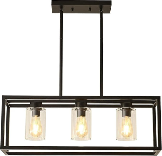 Farmhouse Dining Room Light Fixture Kitchen Island Pendant Lighting Rectangle Black Dining Room Lighting Fixture Modern Pendant Contemporary Chandeliers with Glass Shade Adjustable