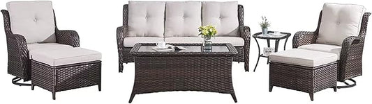 HUMMUH Patio Furniture Set 7 Pieces Wicker Outdoor Sectional Sofa with Swivel Rocker Chairs,Coffee Side Table,Outdoor Ottomans for Patio