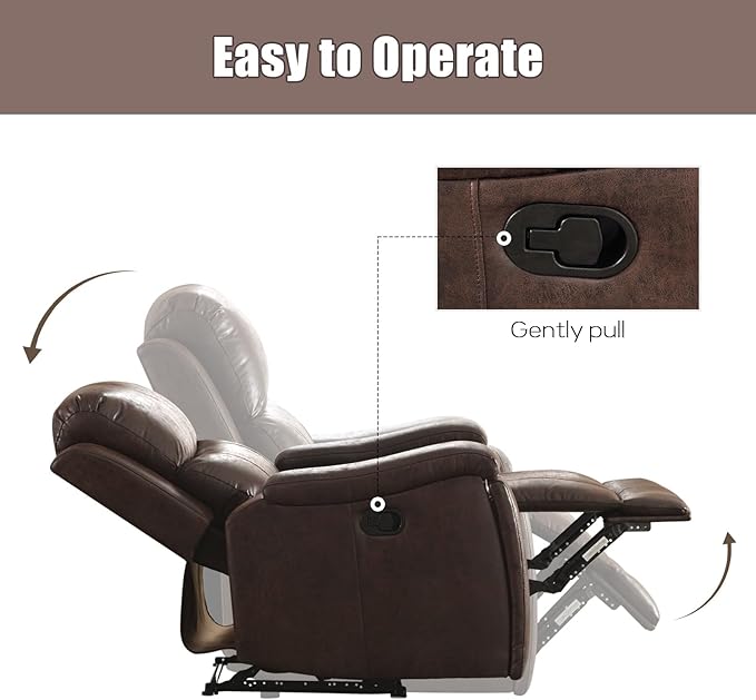 Brown Recliner Chair, Single Overstuffed Sofa Recliners, Breathable Faux Leather Manual Reclining Chairs with Hidden Cup Holder, Arm and Back for Adults, Living Room, Bedroom, Dark Brown