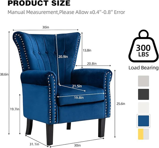 Velvet Accent Chair Single Modern Armchair with Riveted Decorative Mid-Century High Back Reading Chair Sturdy Sofa Chair for Living Room Bedroom Home Office (Blue)