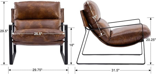 Mid-Century Accent Chair, Comfy PU Leather Side Chair with Armrest, Upholstered Leisure Chair with Black Metal Frame for Living Room Bedroom Reception Room, Brown