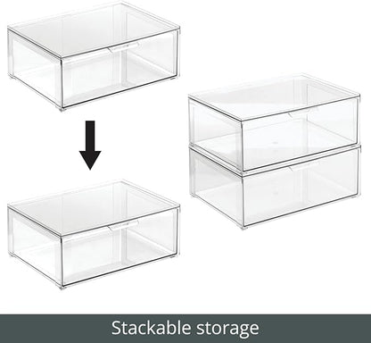 mDesign Plastic Stackable Bathroom Storage Organizer Bin Containers with Front Pull Drawer for Bathroom Countertop, Vanity, Closet Shelves - Holder for Beauty Accessories - Lumiere Collection - Clear