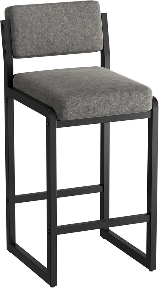 Bar Stools, Fabric Counter Height Bar Stools with High Back and Metal Legs, Upholstered Bar Chairs, 26" Modern Barstools for Kitchen Island, Grey