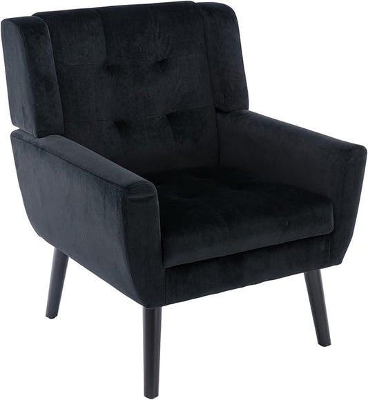 Dolonm Midcentury Modern Velvet Accent Chair with Arms, Upholstered Reading Side Chair Tufted Back Decorative Wingback Chair for Living Room Bedroom (Black)