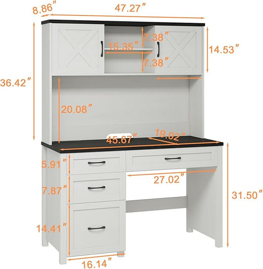 Farmhouse 67" H Executive Desk with Hutch,Office Table with 4 Drawers and LED light, Computer Desk with Storage Cabinet & File Drawers and Charging Station, Wood Workstation for Home Office,Study